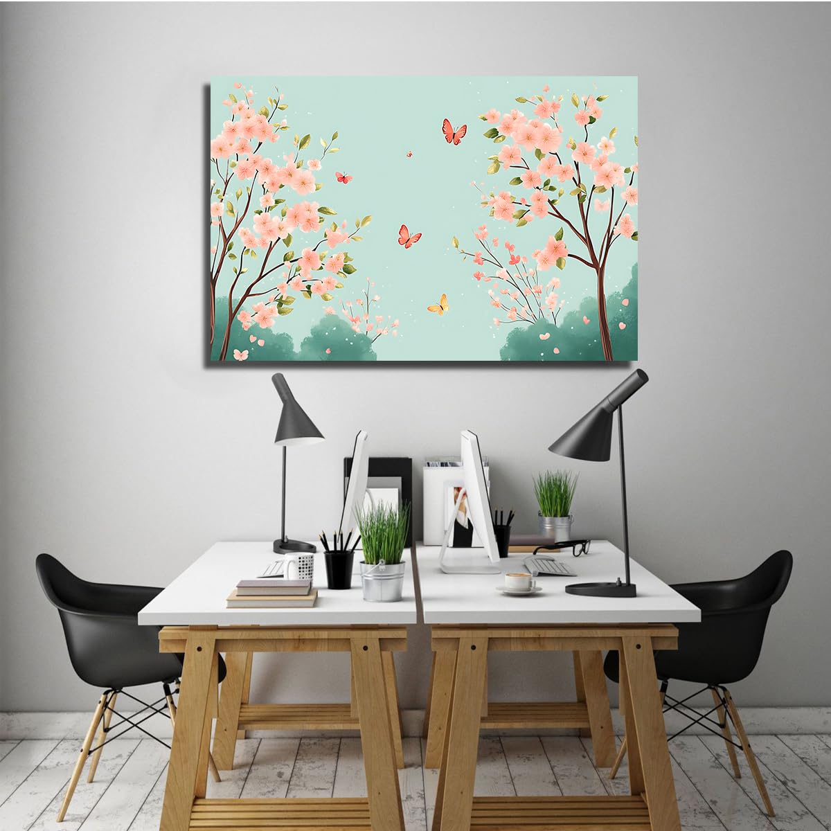CHERHERART Art mural en toile de cerisier en fleur de printemps Papillons fleuraux pastel Affiche en toile pour chambre de bébé Estampes de style japonais Décoration 80x100cm sans cadre