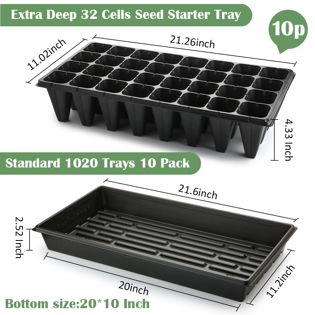 RooTrimmer 10 x 1020 Tabletts ohne Löcher und 10 x 32-Zellen-Saatschalen, 10,9 cm tief, 50,8 x 25,4 cm – robuste Kunststoff-Anzuchtschalen für Samenkeimung und Pflanzenvermehrung (10 Sets)