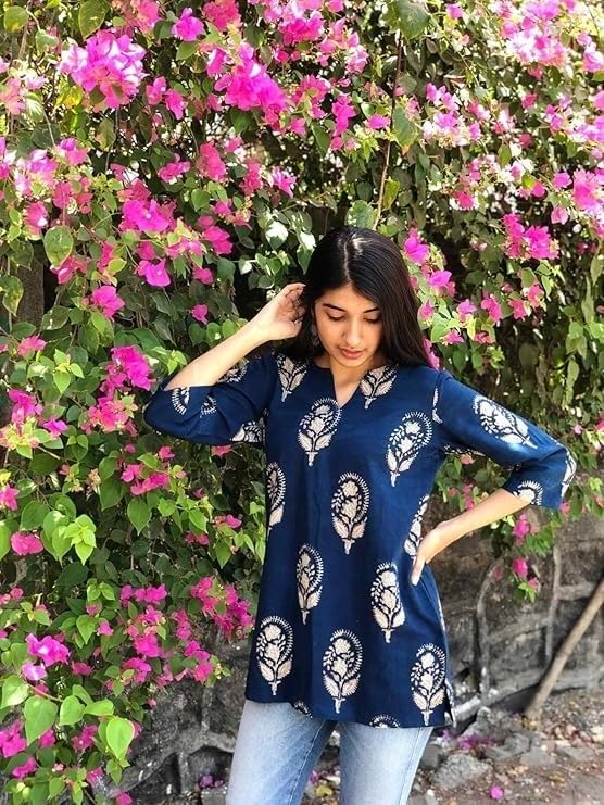 Image of Women's Short Kurti in Multicolor Rayon Cotton Blend | Ladies Ethnic Tunic | Office