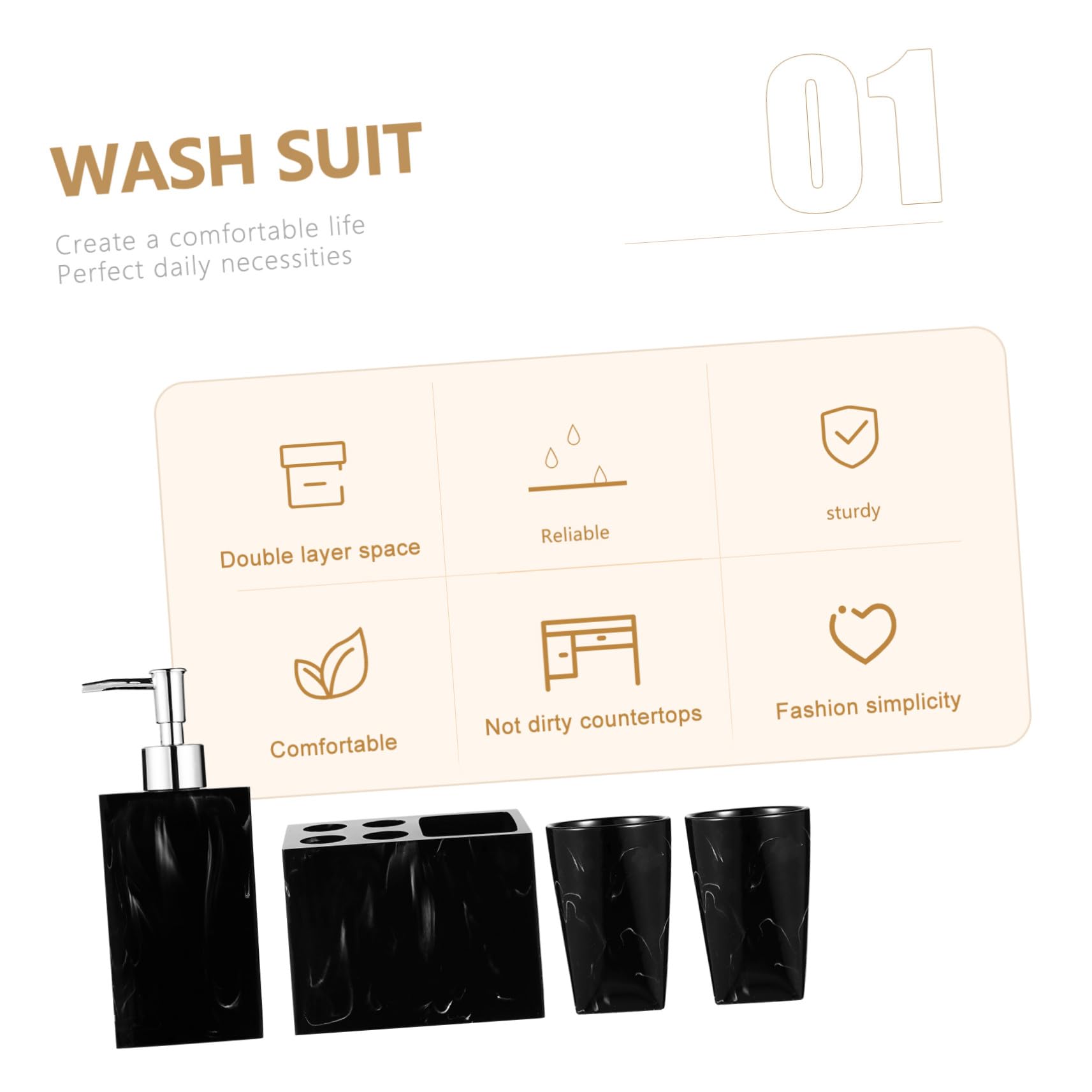 Ipetboom Conjunto Accesorios de Baño y Jabonera Negro 5 Piezas de Resina Soporte para Cepillos Fácil de Limpiar para Uso Práctico y Elegante