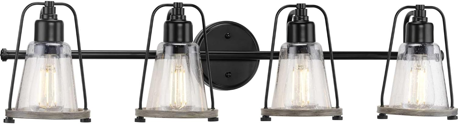 Progress Lighting Conway Collection 4-Light Matte Black Clear Seeded Farmhouse Bath Vanity Light