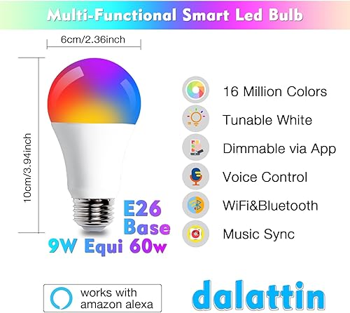 Miniatura 3 de dalattin Bombilla LED inteligente A19 con WiFi y Bluetooth, RGBC W bombilla que cambia de color, compatible con Alexa y Google Assistant, no