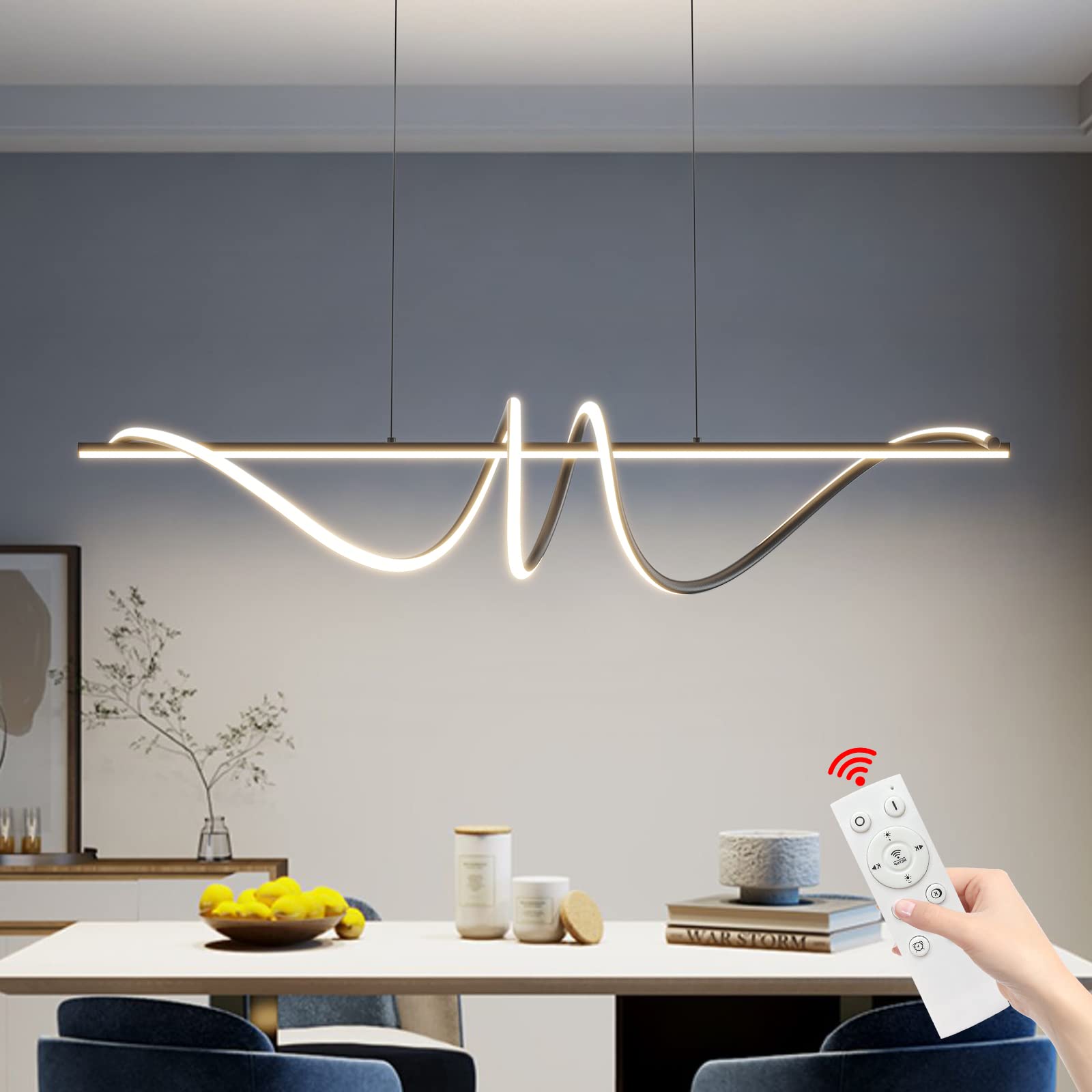 Mikeru Hängelampe Esstisch 100CM, Modern Spirale Hängelampe Schwarz LED Pendelleuchte Esszimmer Dimmbare 10%-100% 3000K/4500K/6000K Mit Fernbedienung, Höhe 150cm Einstellbar Für Küche, Wohnzimmer