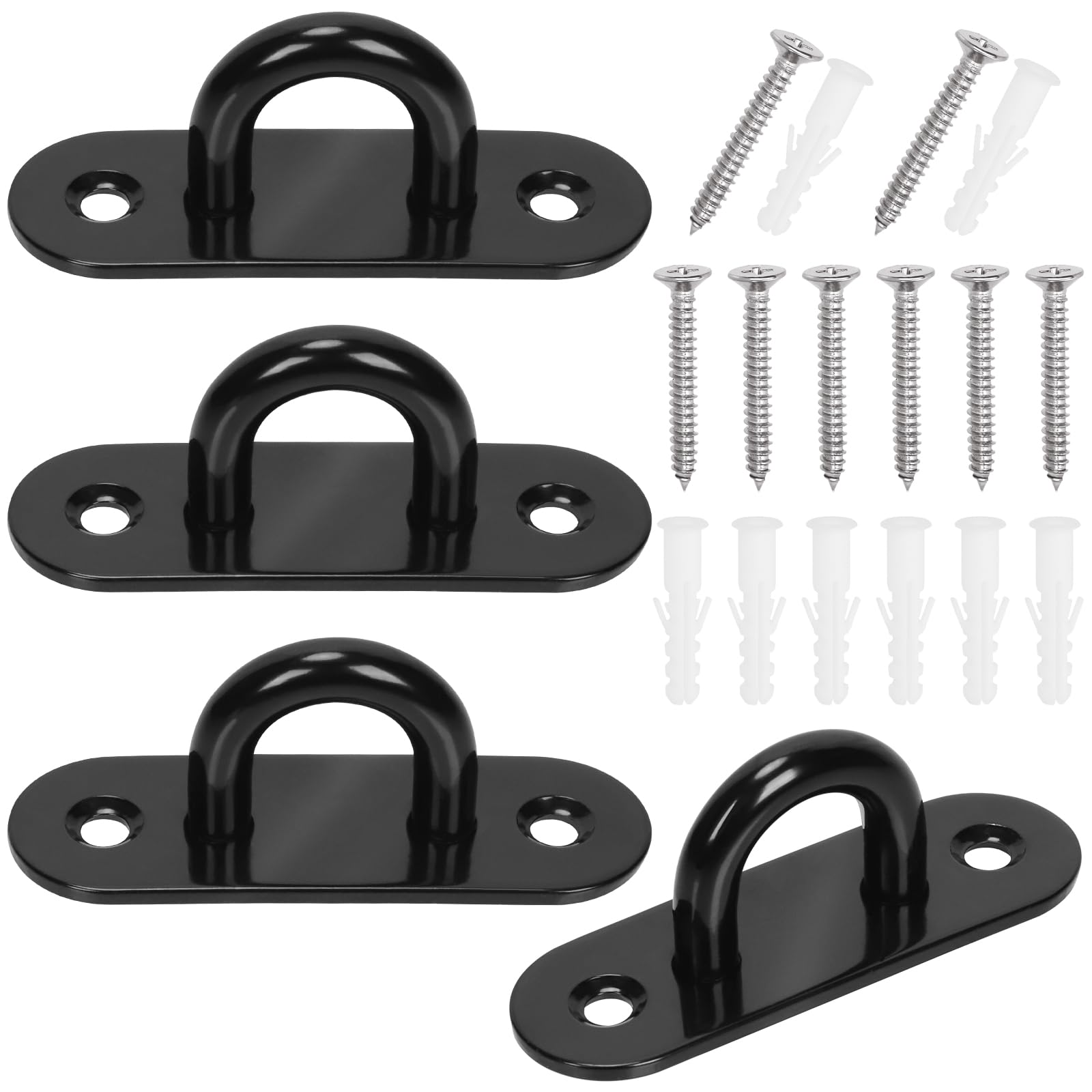 Rustark 4Pcs M8 304 Stainless Steel Oval Pad Eye Plate Hook Assortment Kit Black Pad Eyes Plate Marine Hardware Hook with Screw Heavy Duty Ceiling Hooks for Swing Hanging Outdoor and Indoor Activity