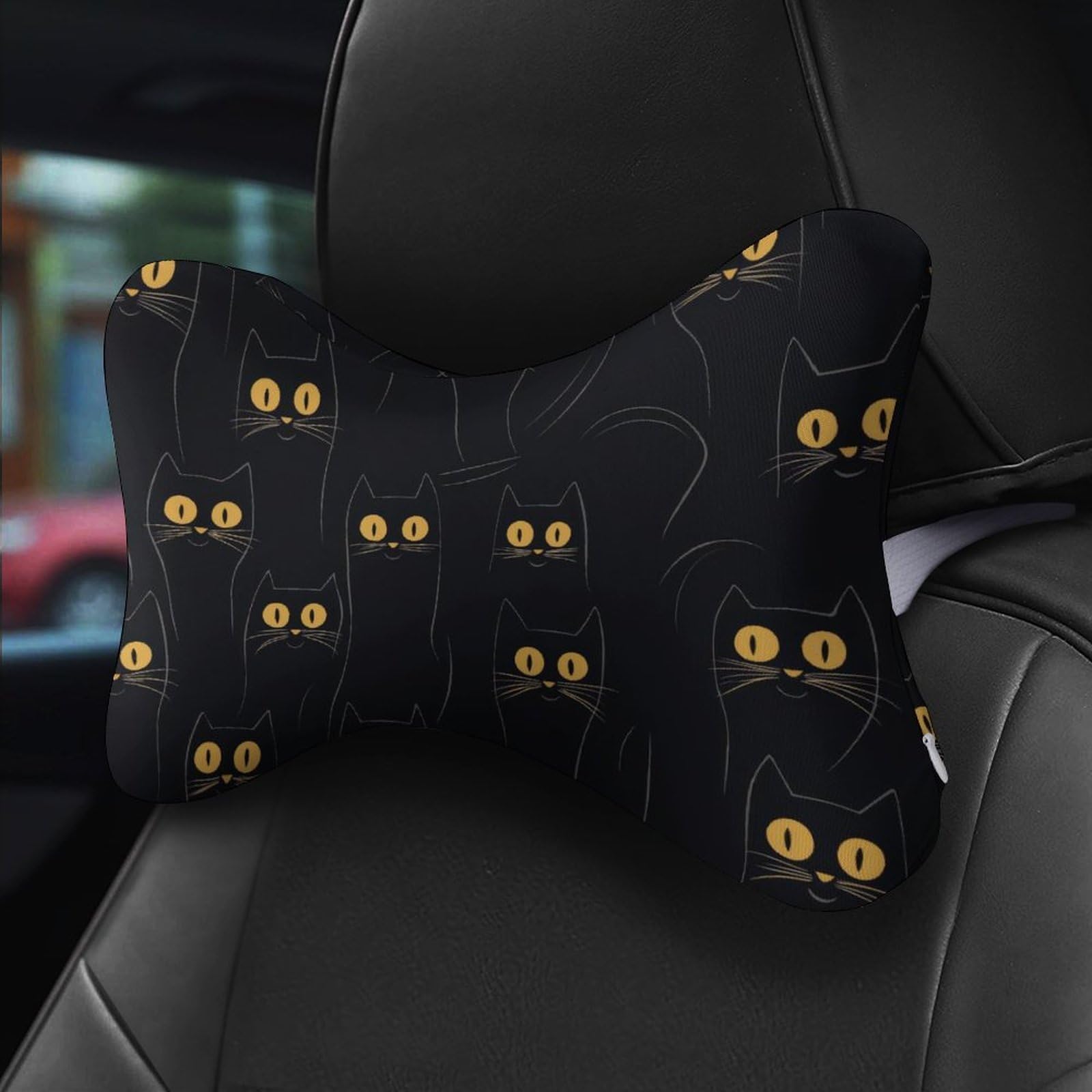 SMAZDFXX Halloween Black Cat Car Neck Pillow Set of 2 Car Seat Head Support Cushion Bone Pillows with Elastic Strap