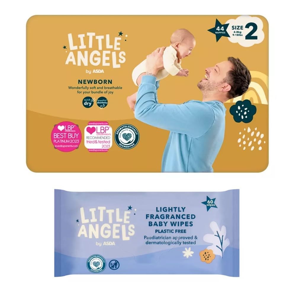 Little Angels Size 2 NewBorn Nappies 44 Pack + 60 Lightly Fragranced Baby Wipes
