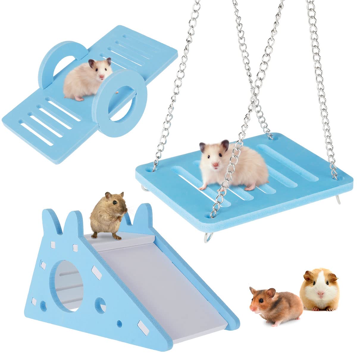 Jetcloud 3Pieces Hamster Play Toys Set Eco-Board Small Rainbow Hamster House, Hamster Swing, Hamster Seesaw for Small Pet Habitat Decor DIY Hamster Cage Accessories for Small Pets