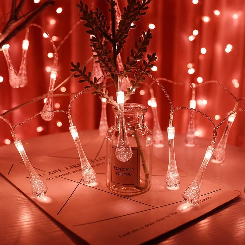 Łańcuch świetlny z kroplami wody, 10 m80 LED, wewnętrzne, zasilane bateriami, krople wody do sypialni, na Boże Narodzenie, imprezę, kropla wody, dekoracyjny sznurek świetlny (czerwony)