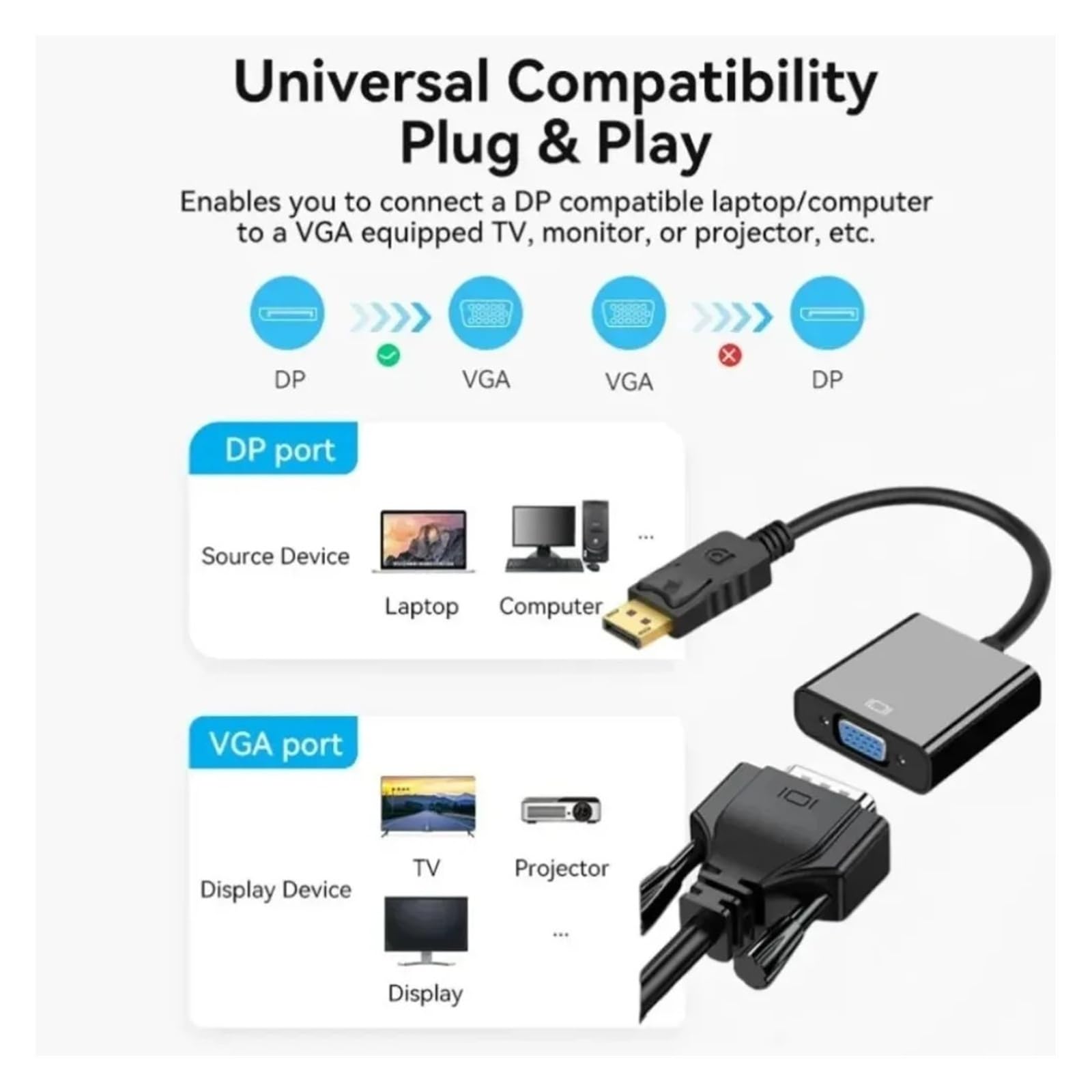 Adapter DP do VGA 1080P pozłacany do laptopa PC Projector Monitor (Glod)