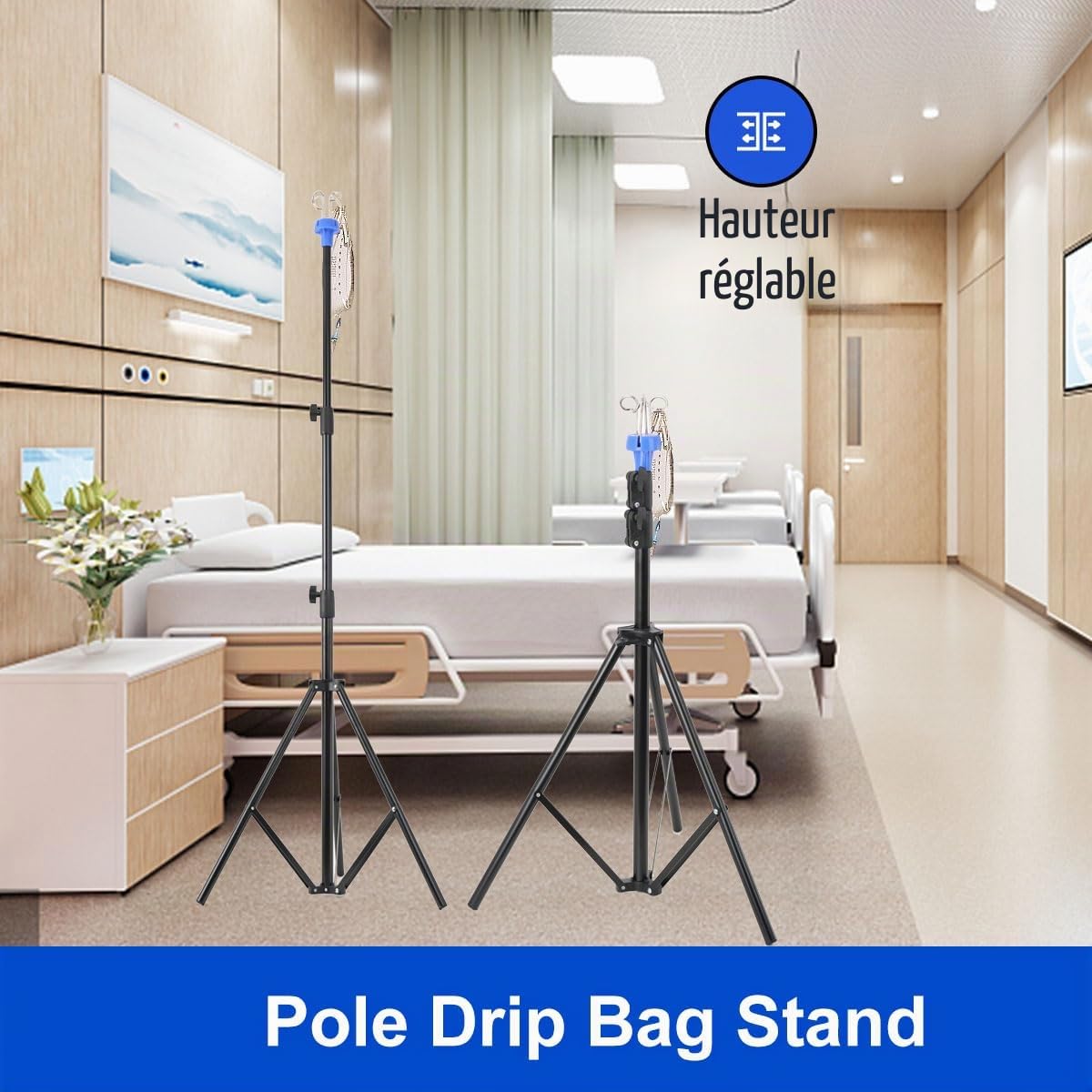 Support à perfusion intraveineuse, support pliable pour perfusion avec 4 Crochets& 3 Pieds, Support de Perche Hauteur réglable de 75 à 210 cm, Perche intraveineuse Pliable pour Les Voyages