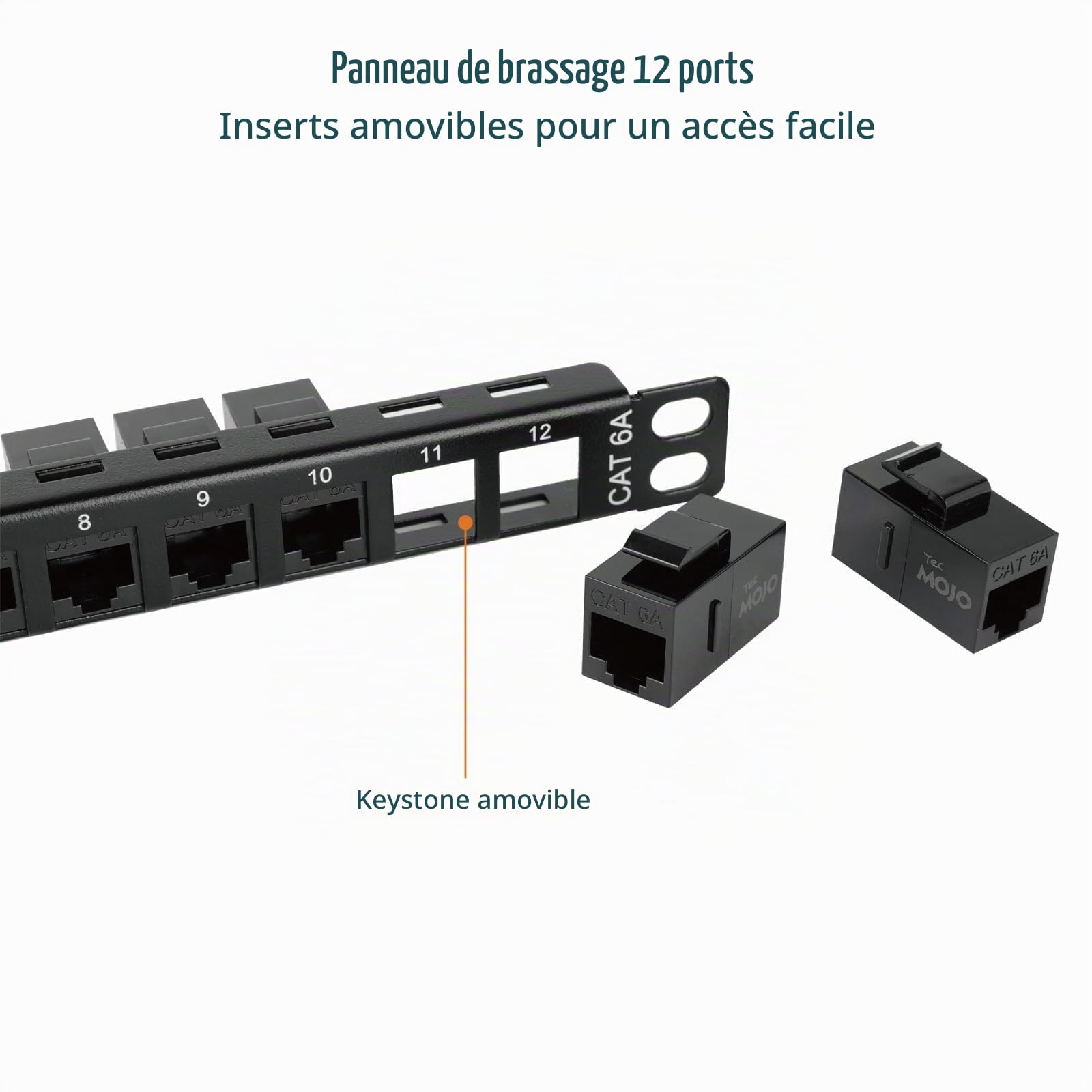 Tecmojo Panneau de Brassage 0,5U 10 Pouces 12 Ports Cat6A, Module de Montage en Rack avec Connecteurs Keystone RJ45, 10 Gigabit Ethernet, Noir