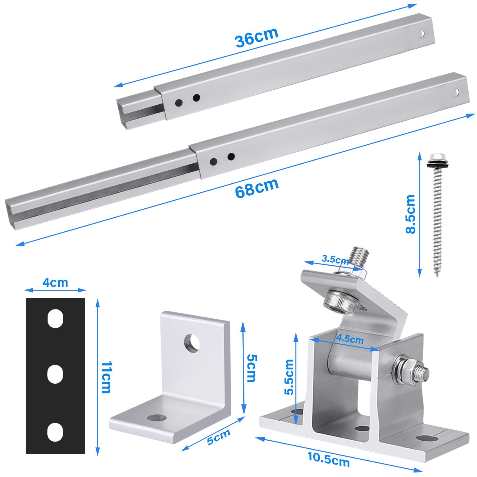 Supporto per Centrali Da Balcone In Alluminio,1 Paia Di Supporti per Pannelli Solari, Supporto per Pannelli Solari Regolabile a 15 – 30 °, Supporto per Tetto Piano, Parete, Barca, Camper