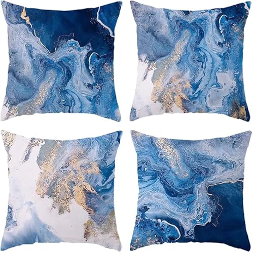 APCGSM Ocean Marble Throw Pillow Covers 18x18 Set of 4, Blue and Gold Velvet Pillow Covers Marble Beach Decorative Abstract Throw Pillow Covers Cases for Living Room Sofa Bedroom Decor Cushion Covers