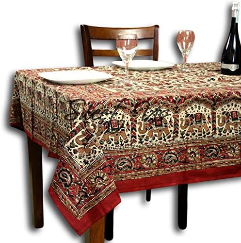 Sweet Us Block Print Tablecloth for Rectangle Tables 70x102 Beige Gold Red Olive Green Black Floral Paisley Elephant Cotton Kitchen, Dining Linen