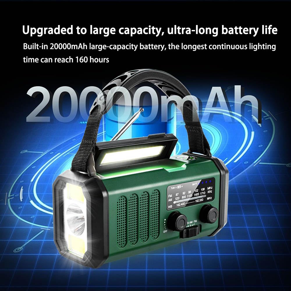 Radio Météo d'urgence Batterie Portable 20000mAh avec Alarme SOS Manivelle Radio solaires AM/FM,Lampe de Lecture,Lampe de Poche,Boussole pour l'extérieur,Chargeur pour Smartphones