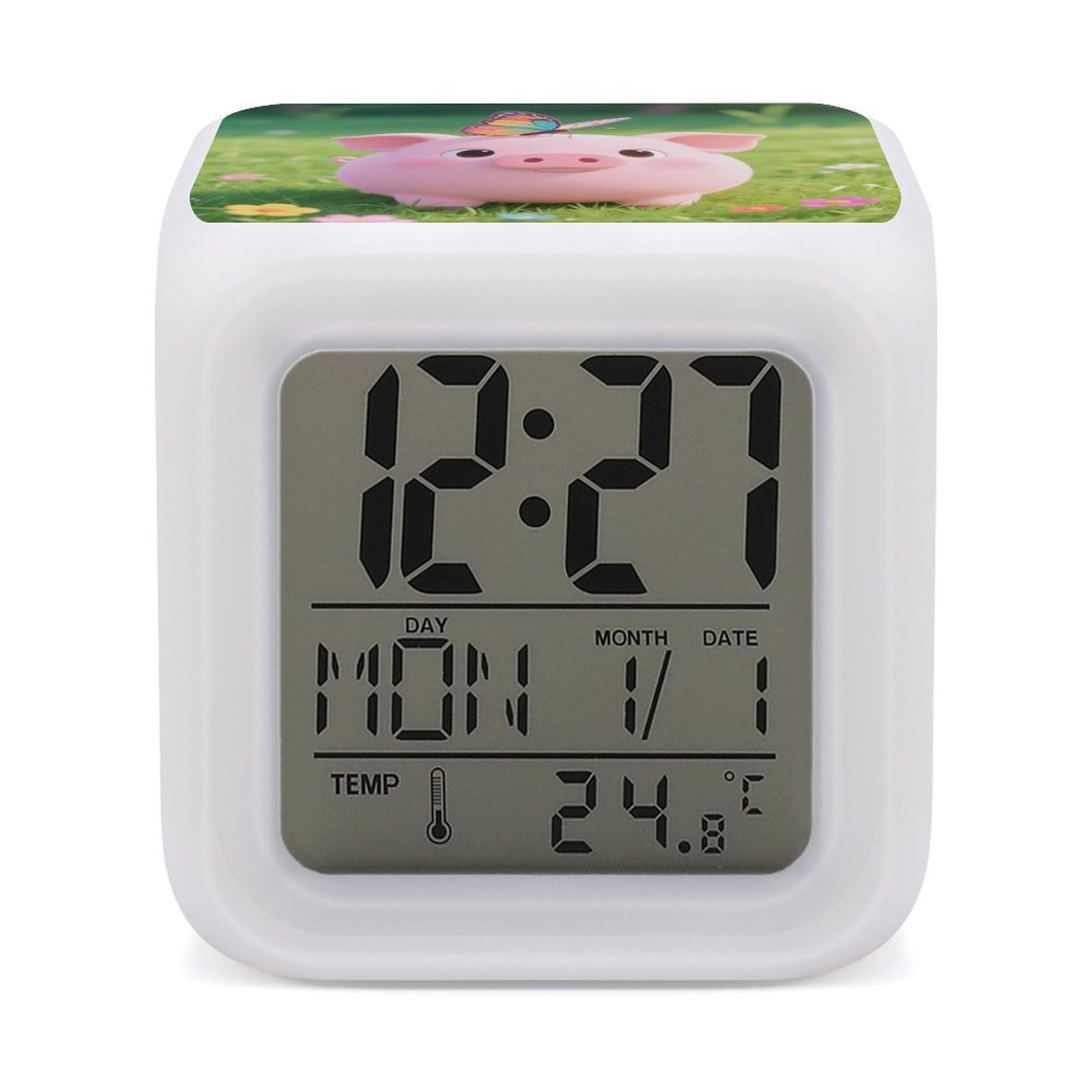 DWVTSLH Pig Alarm Clock with 7 Color Changing Night Light, Wake Up Digital Clock for Bedroom, Bedside Cube Clock with Date, Temperature, Battery Operated Desk Clock Gift