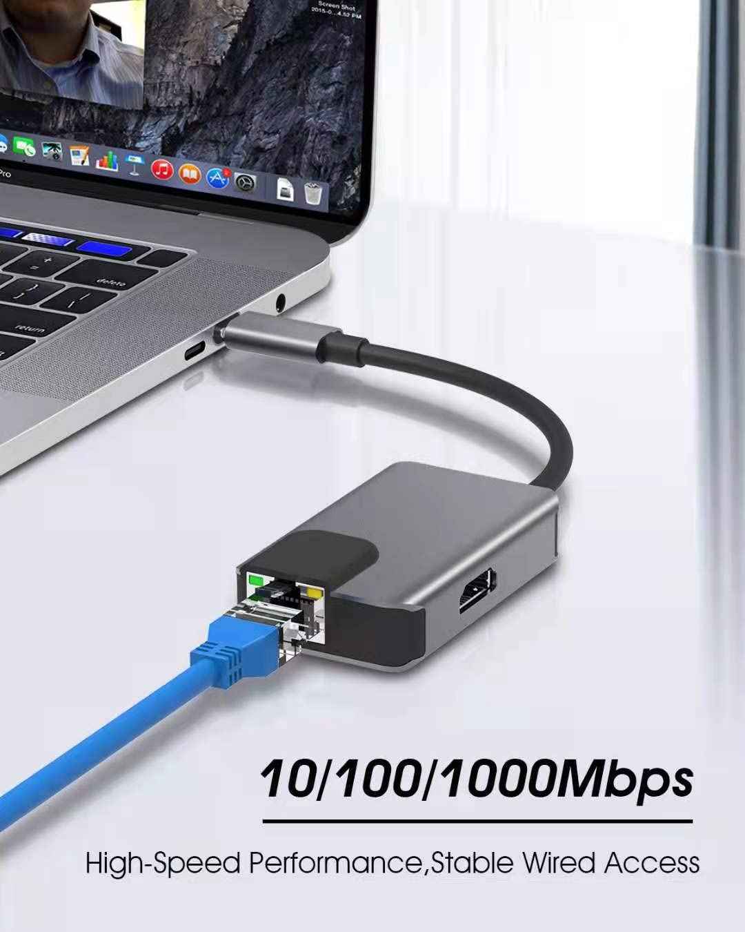 Adapter USB C Hub Ethernet HDMI, koncentrator 3 w 1 typu C z 4K HDMI, port Ethernet, porty PD 100 W do MacBook Pro 2020/2019, Macbook Air 2020, iPad Pro 2020, Surface Go, XPS i więcej