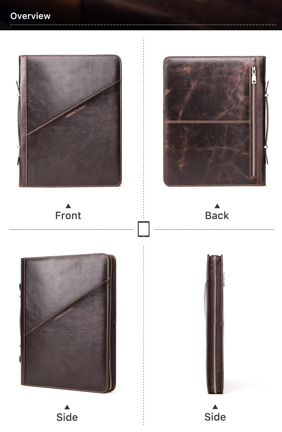 CONTACT'S FAMILY Portfolio-Mappe mit Reißverschluss, Vintage-Leder-Padfolio-Hülle für 12,9-Zoll-Tablet, professionelle Konferenzmappe, persönlicher Arbeits-Organizer, Geschäftsreise-Dokumentenhalter