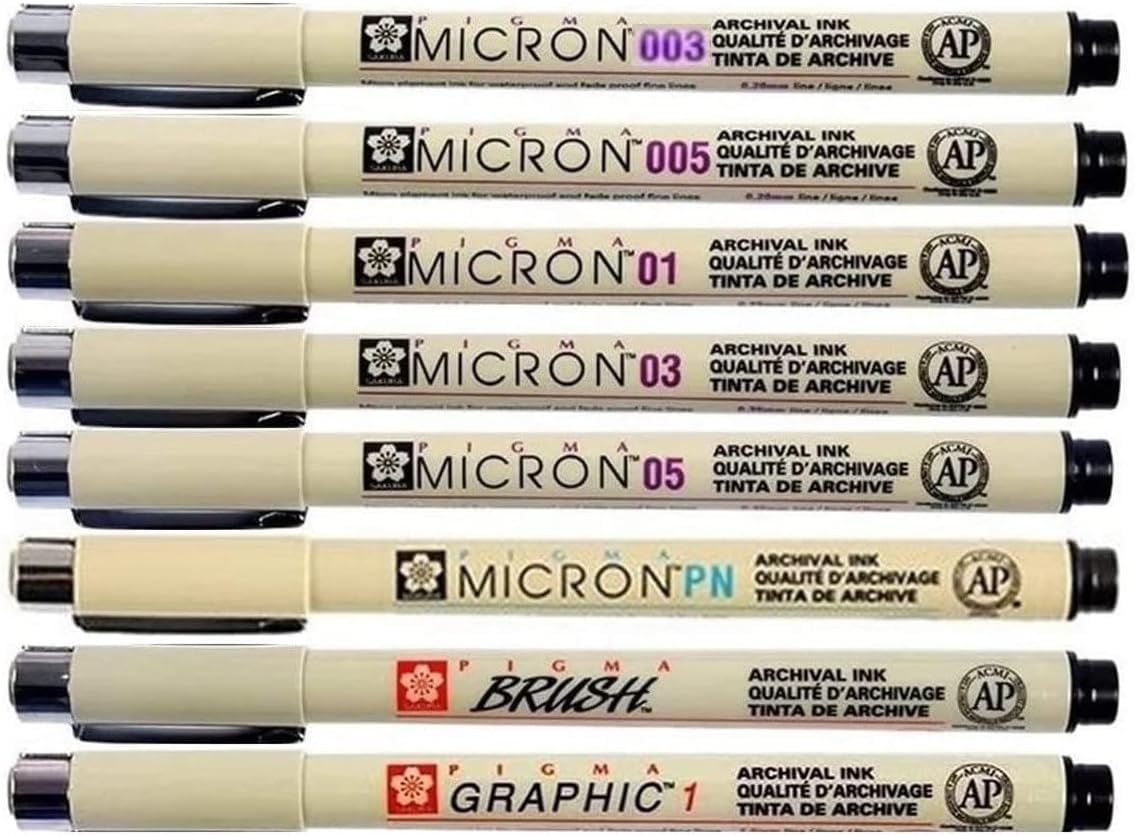 SAKURA PIGMA MICRON 003,005,01,03,05, pn,1 mm, szczotka, opakowanie 8 czarnych markerów