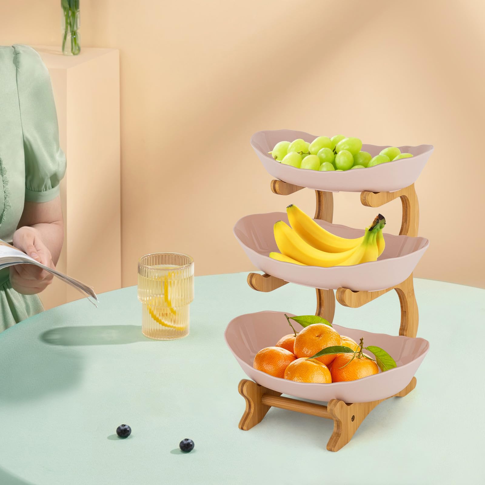 Ciotola per frutta a tre piani con supporto in legno di bambù, con supporto in bambù naturale, rimovibile, per frutta, dolci, noci