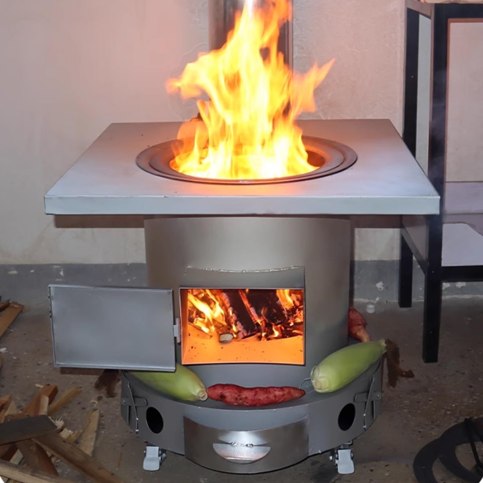 Stufa a Legna con Forno e Canna Fumaria Stufe a Legna da Interno con Ruote Fornello da Campeggio per Tendas per Riscaldamento, Cucina e Campeggio(50 * 50 * 57cm)