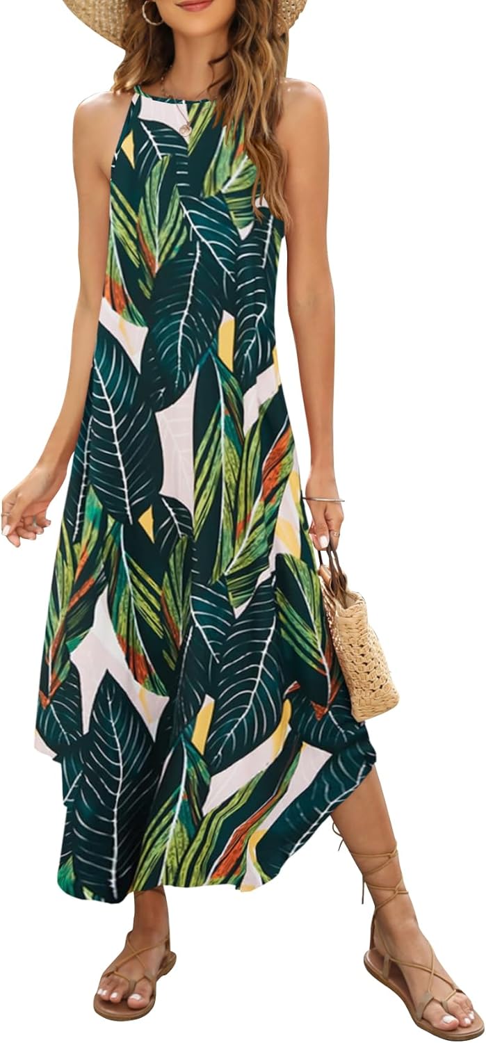 Halife Women's Summer Casual Sleeveless Beach Dress Long Halter Side Slit Maxi Sun Dresses