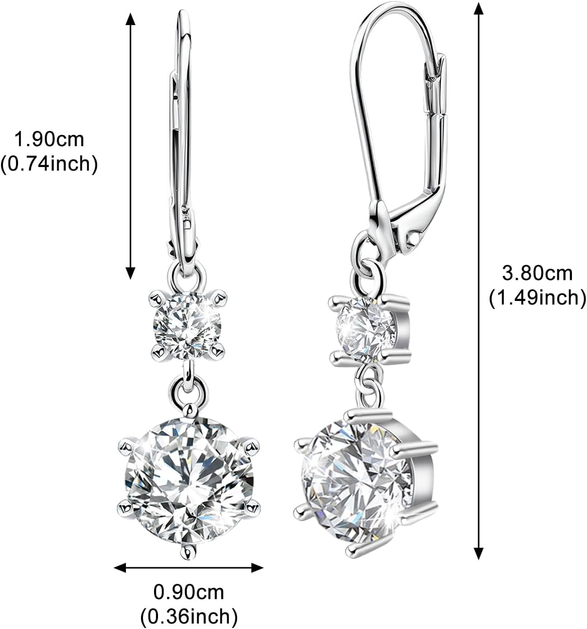 Sterling Silver Leverback Earrings for Women - Round Cubic Zirconia Dangle Earrings Lightweight Hypoallergenic Nickel Free Sparkle Halo CZ Dangling Earring for Sensitive Ears Classic Jewelry Gifts - Image 6