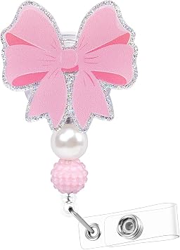 yuboo Pink Bow Badge Reel with Bead, Cute ID Badge Holder Retractable Clip,Badge Reel Nursing, Girly Teacher Badge Reels, RN LPN CNA MA Nurse Graduation Teacher Appreciation Gift