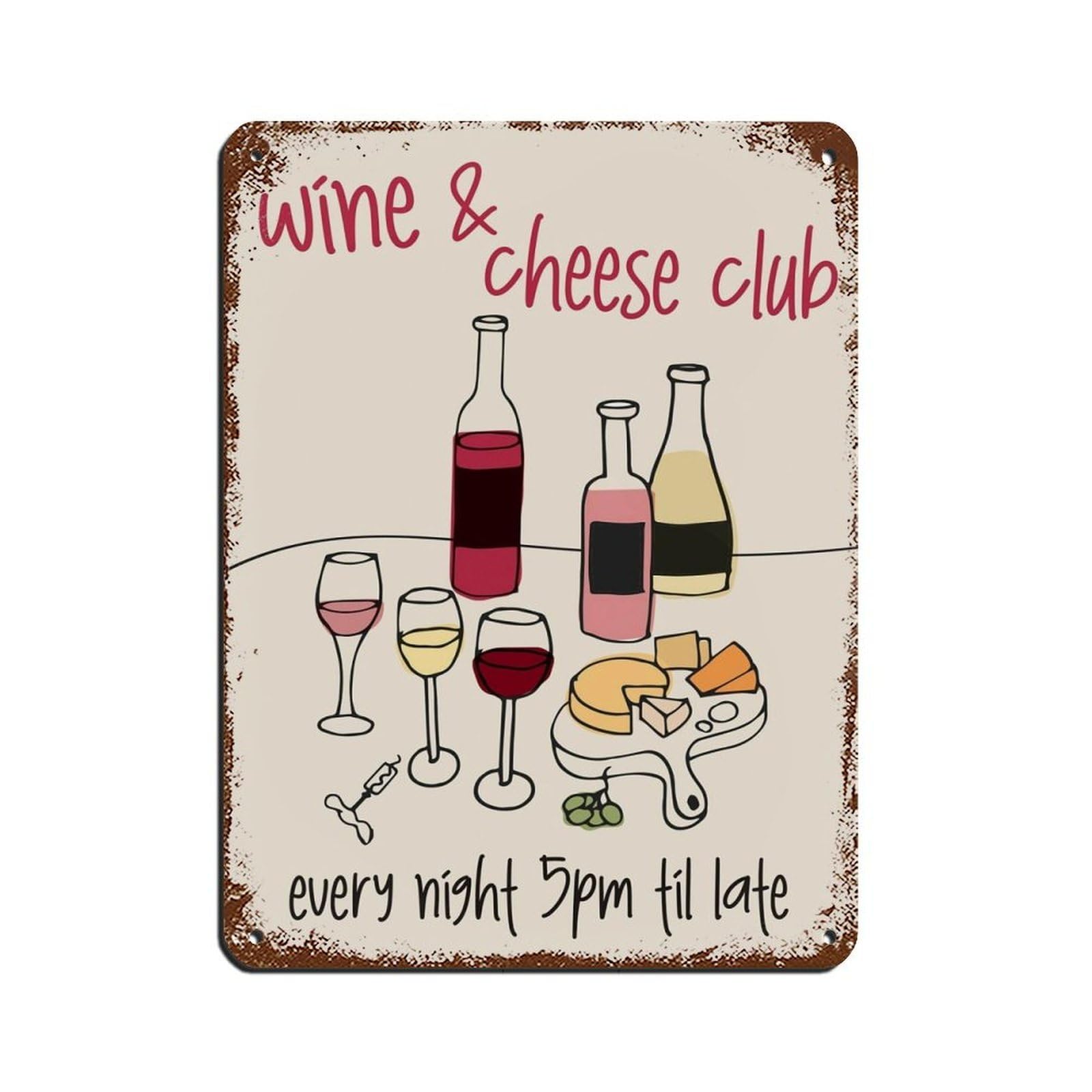 Hand Drawn Wine And Cheese Club Tin Sign Vintage Metal Pub Club Cafe Bar Home Wall Art Decoration Poster Retro 12x16inch(30x40cm)