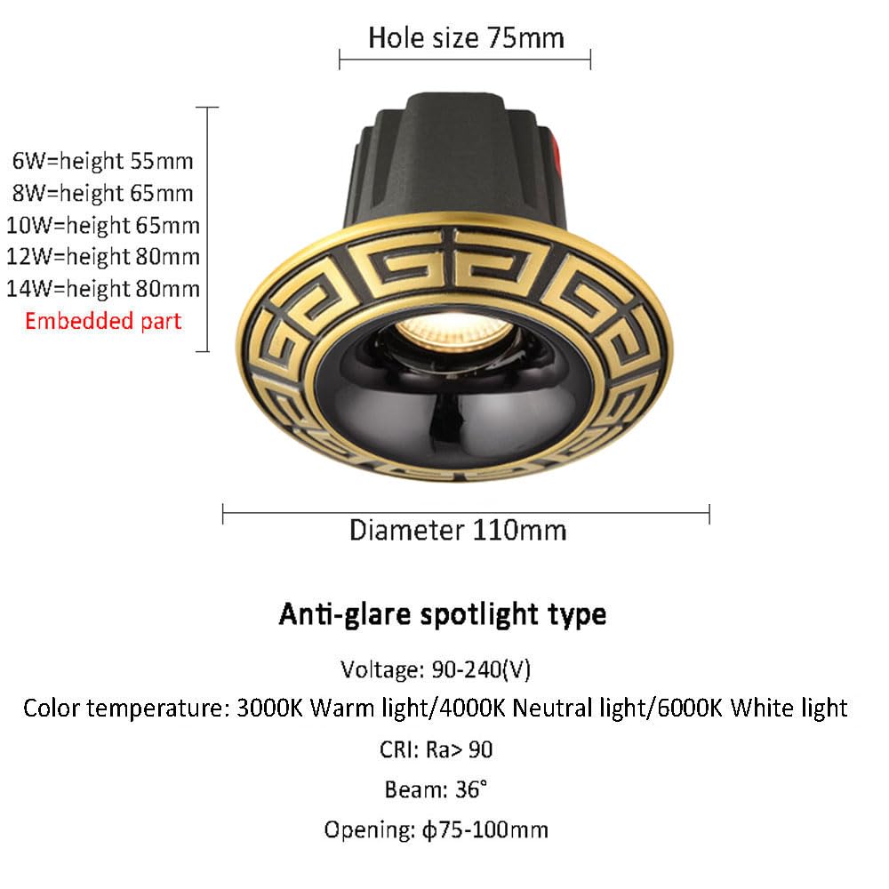 Faretto a Incasso a LED COB con Angolo di Rotazione per un'elevata resa cromatica, faretto in Ottone, Luce a Foro, Intaglio in Ottone, luci a LED, Confezione da 4, plaf,3000K-12W