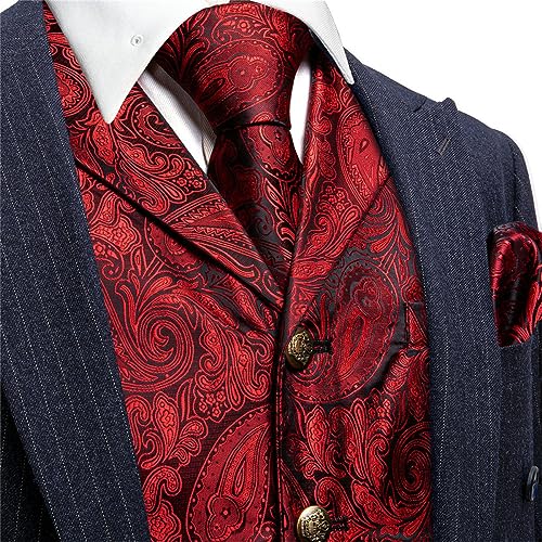 Set Of 5 Classic Red Men's Wedding Suit Vest Paisley Jacquard Floral Silk Vest Tie Luxury Brooch Waistcoat Set Groom3