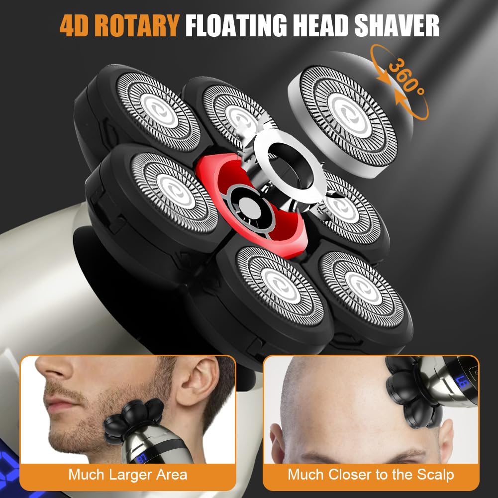 LOPHE Afeitadora Cabeza Hombre, 4D Maquina Afeitar Hombre Calvo, Afeitadora Electrica Cabeza para Calva Facial Barba, 7 Cabezales y Pantalla LED, IPX6 Impermeable en Seco y Húmedo Recargable (8 en 1)