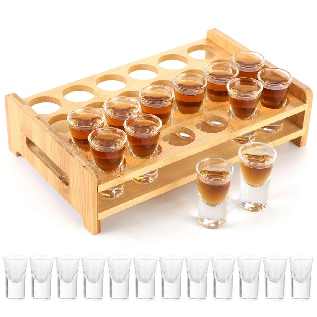Juego de 24 vasos de chupito redondos con bandeja de madera, vasos de cristal de 0.4 onzas para whisky, tequila y cócteles
