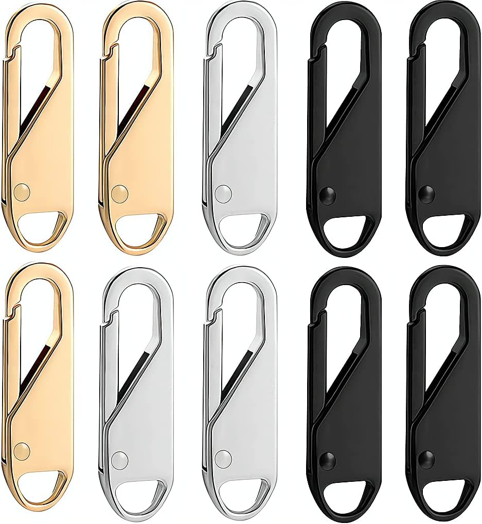 Zipper Pull Replacement, Detachable Zipper Pull Tabs for Luggage Clothing Jackets Backpacks Boots Purse Coat, Zipper Repair Kit Zipper Slider Pull Tab Metal Zipper Head, 10 Pcs (Silver, Black, Gold)