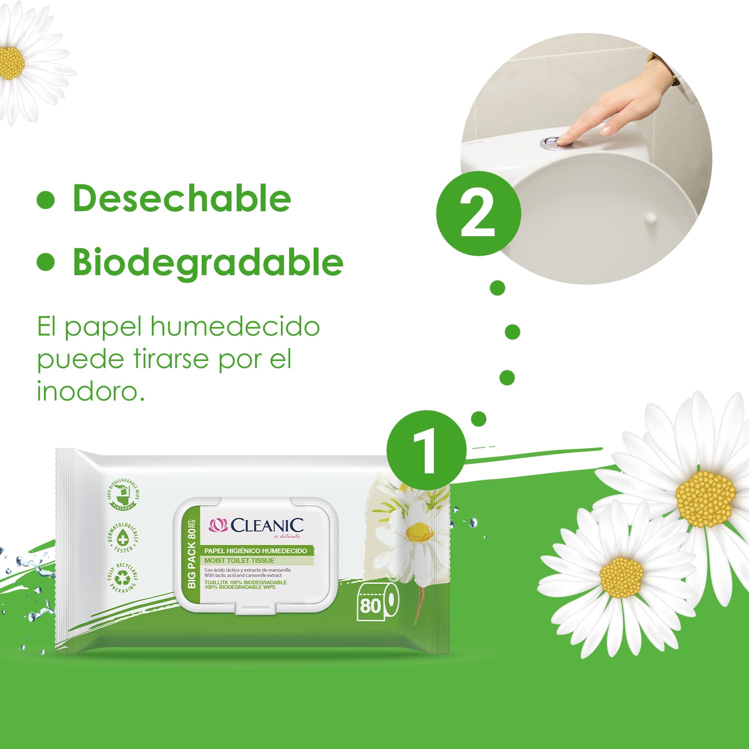 Cleanic Papel Higiénico Hidratado - (80 Piezas) Papel Higiénico - con Extracto de Manzanilla - Desechable - Toallitas Humedecidas para Limpieza Íntima - Apto para Pieles Sensibles - 80 Piezas