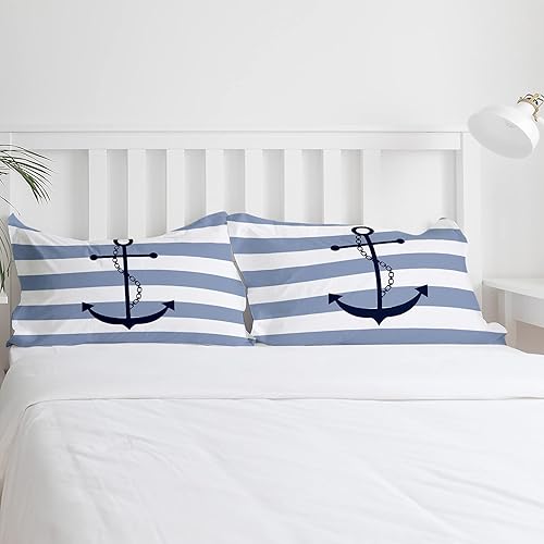 Miniatura 5 de Savannan Juego de fundas de edredón de 3 piezas tamaño California King, diseño de ancla con temática náutica a rayas azules y blancas, con cierre de