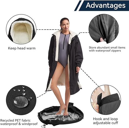 Vista 4 de Oksun Waterproof Swim Parka, Windproof Surf Poncho Warm Coat, Recycled Fabric Water Resistent Oversized Sherpa Lining Jacket
