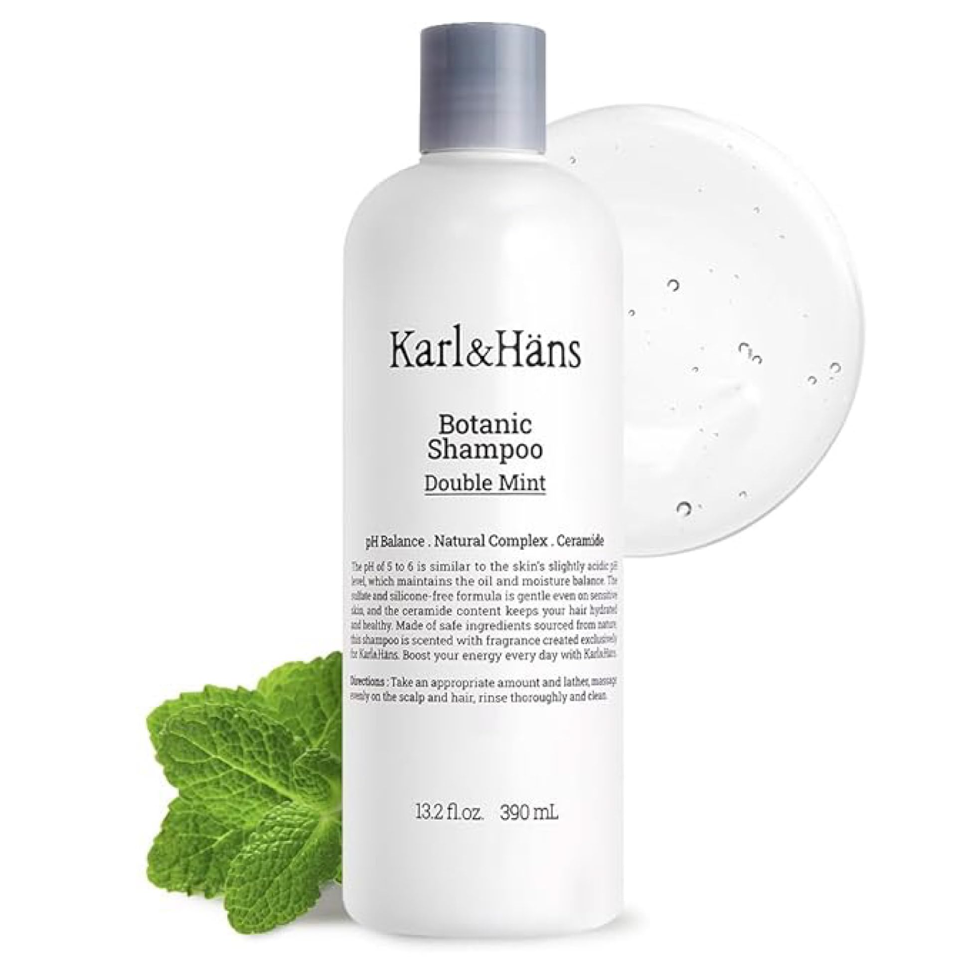 Karl&Hans Botanic Double Mint Vegan Shampoo Organic for Men and Women, Sulfate-Free Hair Shampoo with Peppermint & Natural Flower Extracts, Scalp Repair for All Hair Types, 13.2 fl oz