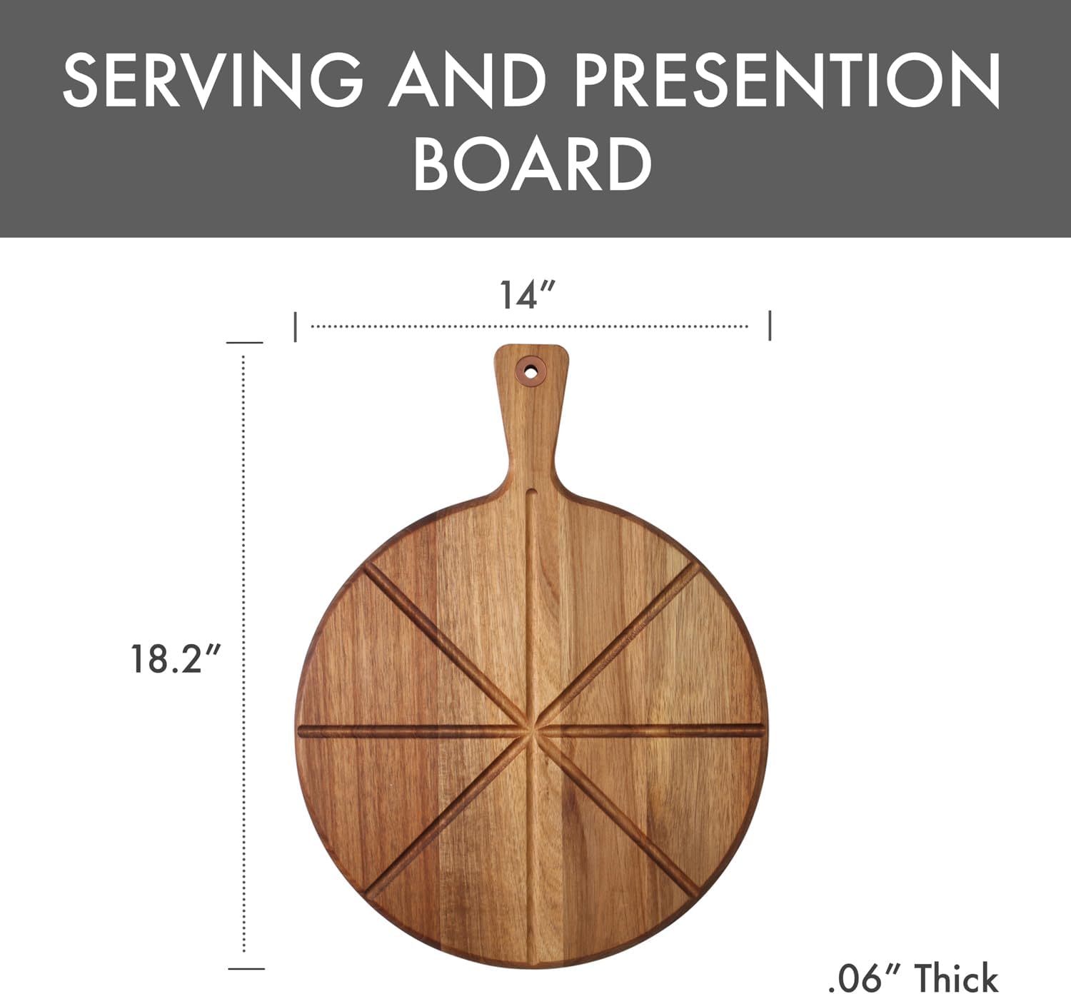 Dexas Acacia Wood Pizza Cutting Board, 14-Inch Round Paddle Board with Built-In Portion Grooves, Food Safe & Reversible
