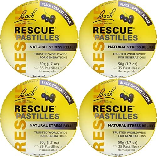 Bach RESCUE PASTILLES, Black Currant Flavor, Natural Stress Relief Lozenges, Homeopathic Flower Essence, Vegetarian, Gluten and Sugar-Free, 4-Pack Bach RESCUE PASTILLES, Black Currant Flavor, Natural Stress Relief Lozenges, Homeopathic Flower Essence, Vegetarian, Gluten and Sugar-Free, 4-Pack