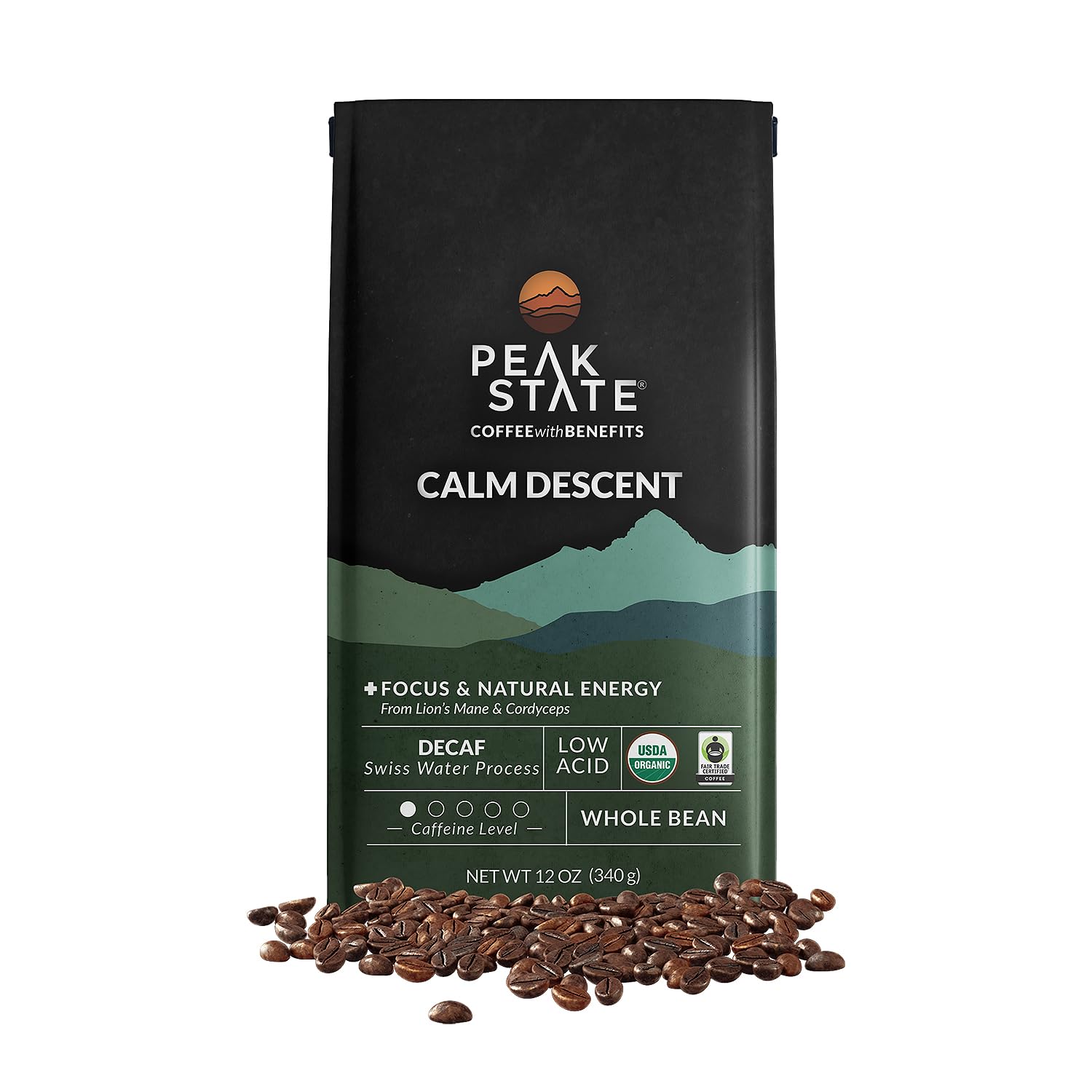 Peak State Coffee with Benefits – Organic Decaf Coffee Beans – CALM DESCENT Swiss Water Process Decaf with Lion’s Mane & Cordyceps – Mushroom Coffee Decaf – Organic- Mold Free, Pesticide Free, Non-GMO, Low Acid (12 oz, Whole Bean – $1.13/cup)