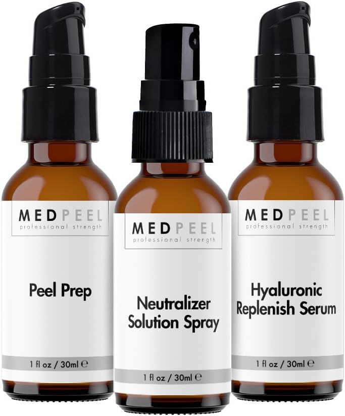 Chemical Peel Essentials Kit, by Medpeel, Kit includes a peel prep, neutralizer spray and hyaluronic replenishing serum