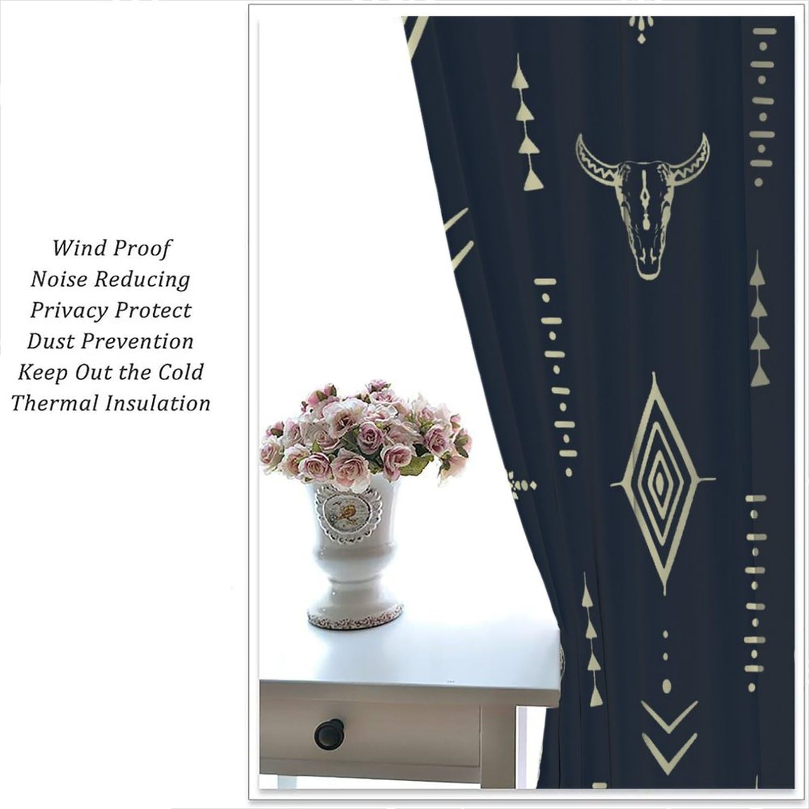 Cortinas aztecas opacas para dormitorio, diseño tribal occidental de calavera de toro nativo, tribal, bohemio, patrón azteca, cortinas de ventana para sala de estar, 42 x 45 pulgadas