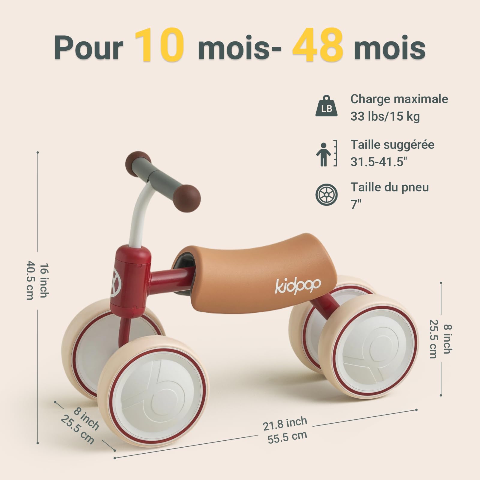 kidpop Vélo d'Équilibre Big Bee (Unisexe), Vélo à Quatre Roues, Jouet à Pousser pour Tout-Petits de 1 à 2 Ans