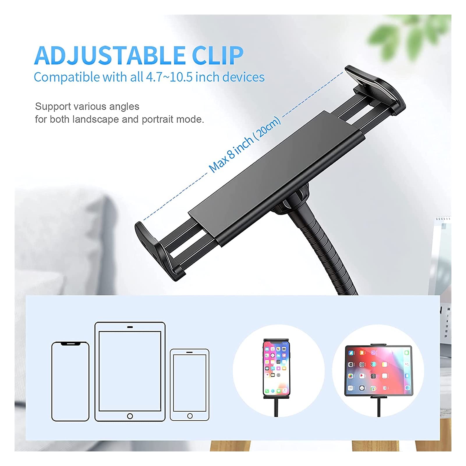 JJJ Schwanenhals-Tablet-Halterung und Handy-Halterung, universeller 360° flexibler Tablet-Ständer, fauler Armhalter, Klemmhalterung, Bett