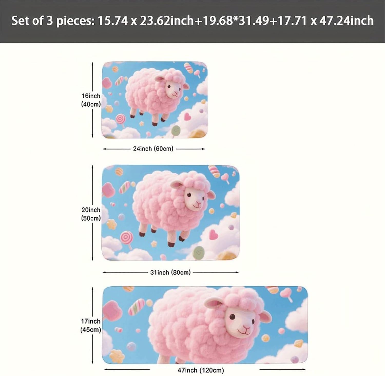 Cloud - Candy Sheep Kitchen Mats for Floor 3 Pcs Kitchen Rugs
