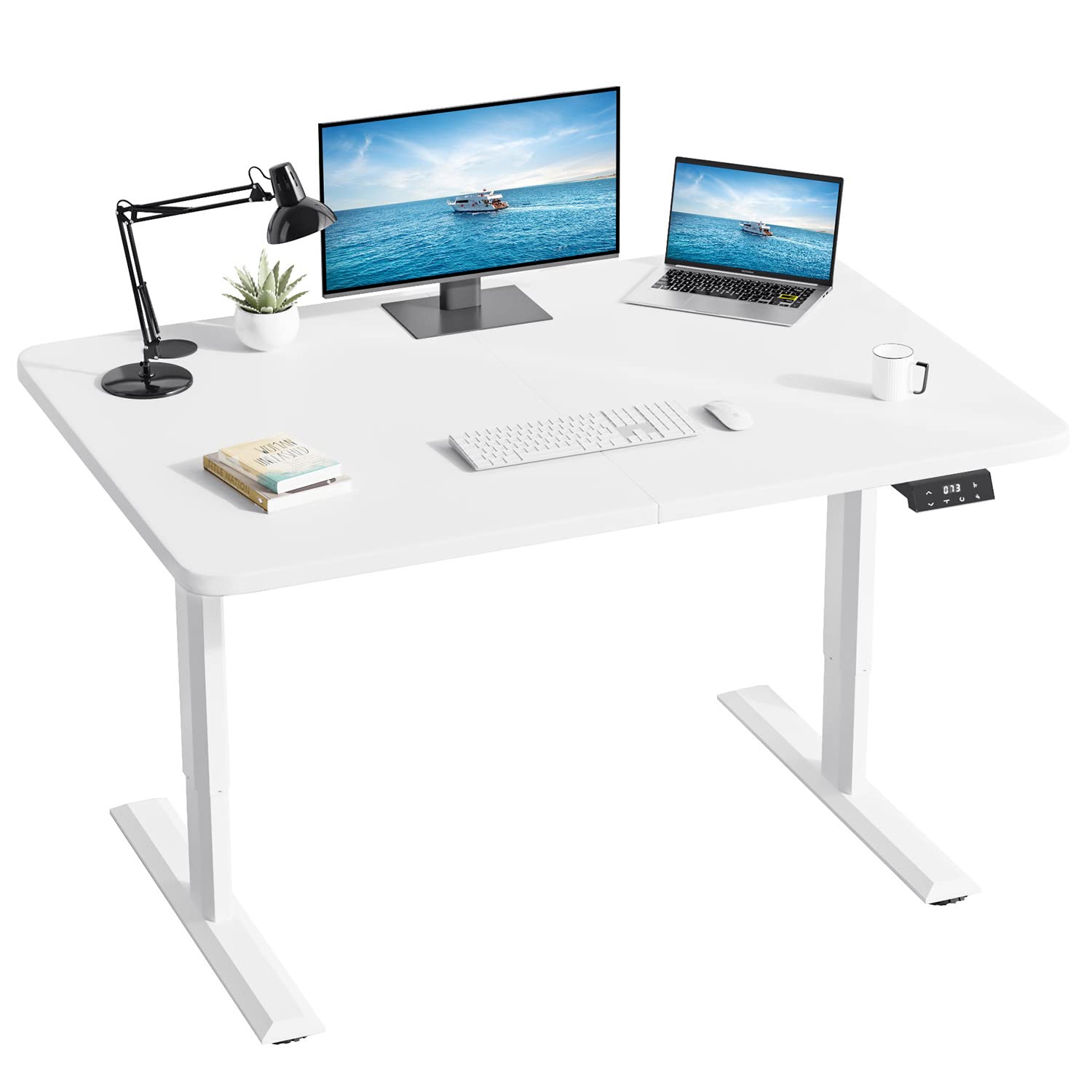 YESHOMYElectric Standing Desk Height Adjustable Table Ergonomic Home Office Workstation with Cup Holder and Headphone Hook, 43", White