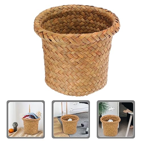 Miniatura 5 de HEMOTON Cesta de basura tejida tejida redonda para basura, cesta de basura de mimbre, contenedor de basura para baño, cocina, hogar, oficina,