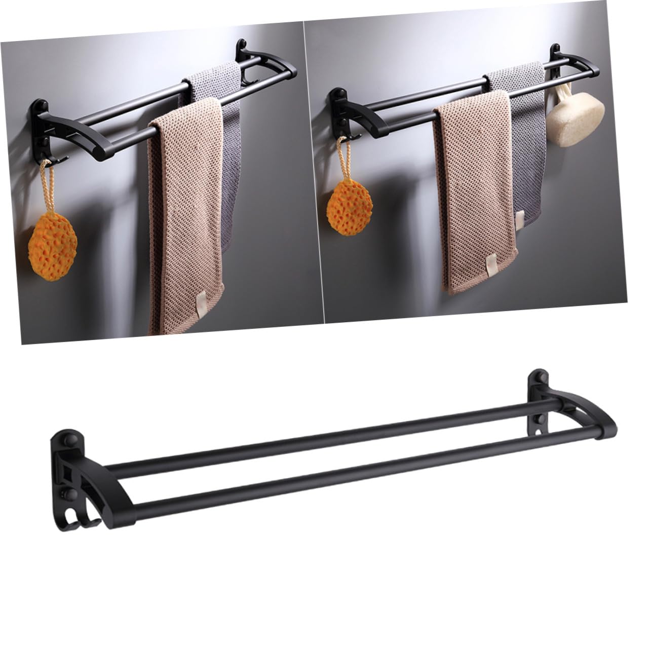 Porte-serviettes mural double en aluminium noir pour étagère de salle de bain Gatuida