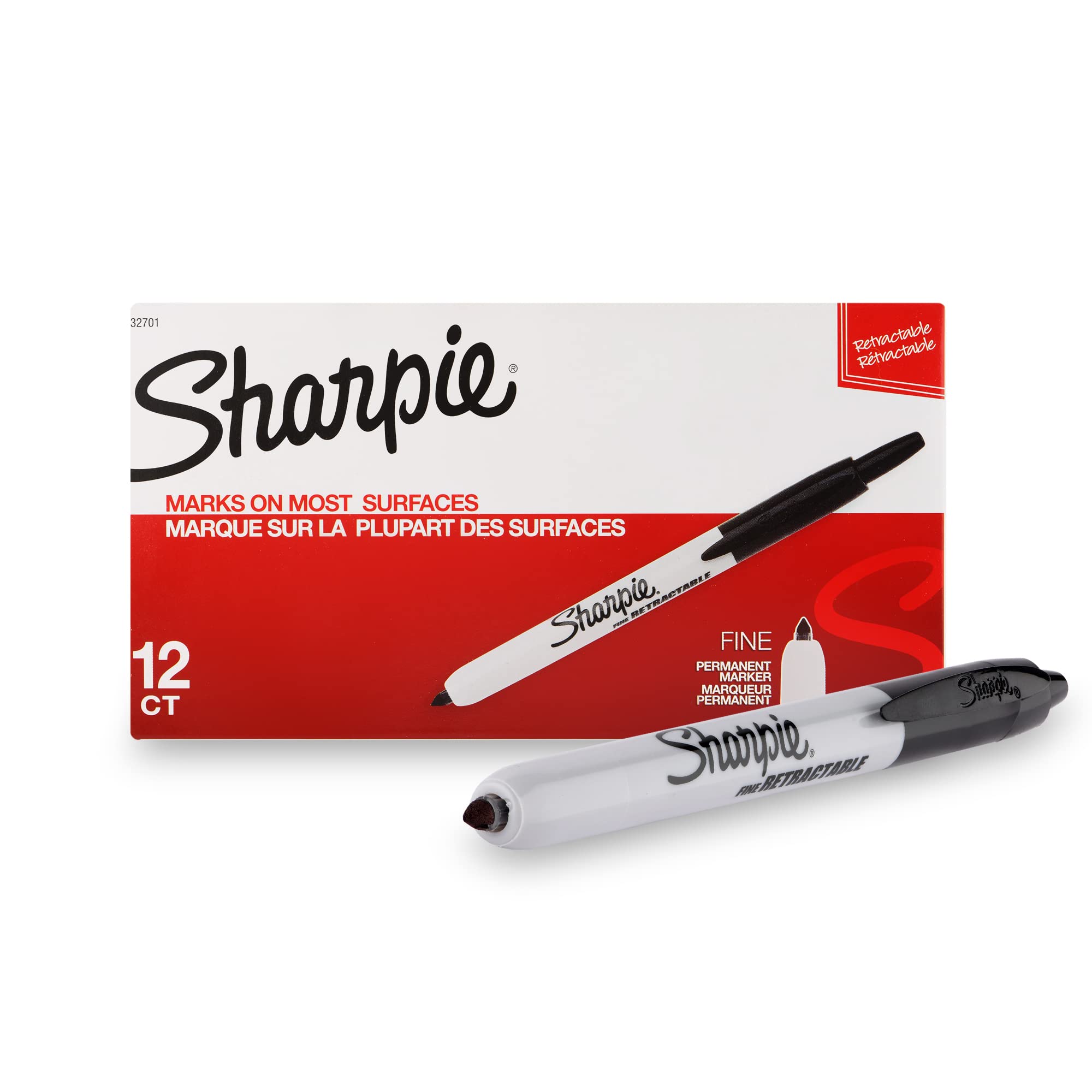 SHARPIE Pennarello indelebile retrattile nero con punta fine per una scrittura precisa, adatto per uso multiuso, senza sbavature, articoli di cancelleria per ufficio, confezione da 12